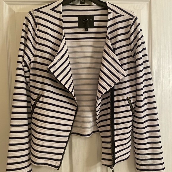 Sanctuary Prep Moto Jacket in Navy Stripe with Front Zip and Pockets - Picture 5 of 12